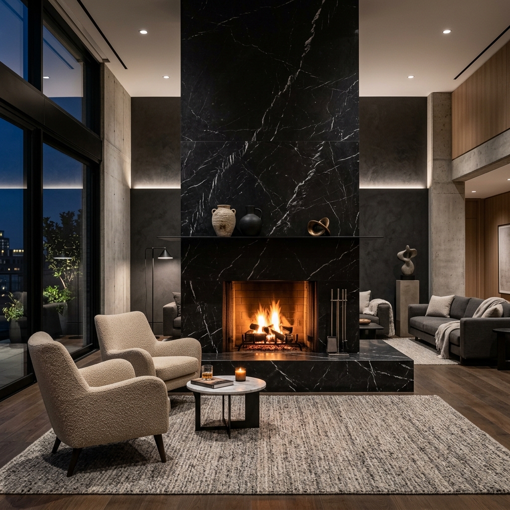 Floor-to-Ceiling Marble Fireplace